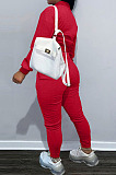 Red Casual Preppy Velvet Long Sleeve Single-Breasted Jacket Jogger Pants Baseballs Suit TK6206-3
