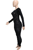 Black Women's Velvet Zipper Long Sleeve Round Collar High Waist Bodycon Jumpsuits  SN390226 -1