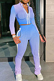 Rose Red Orange Gradient Casual Stand Collar Side Stripe Spliced Long Sleeve Pants Sets SN390205-1