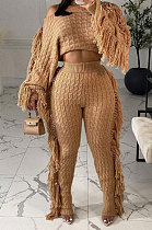 Apricot Fashion Kintting Long Sleeve Round Neck Crop Tops Trousers Cute Tassel Suit TRS1186-4