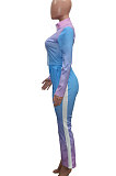 Rose Red Orange Gradient Casual Stand Collar Side Stripe Spliced Long Sleeve Pants Sets SN390205-1