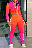 Rose Red Orange Gradient Casual Stand Collar Side Stripe Spliced Long Sleeve Pants Sets SN390205-1