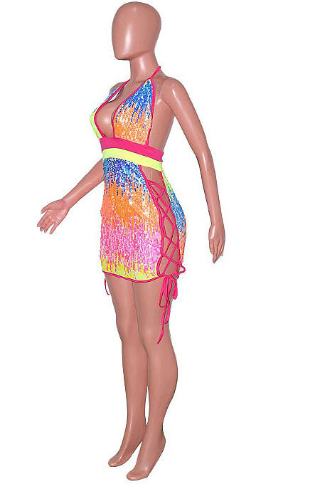 Rose Red Sexy Sequins Backless Contrast Color Condole Blet Bandage Deep V Collar Mini Dress SN390072-1