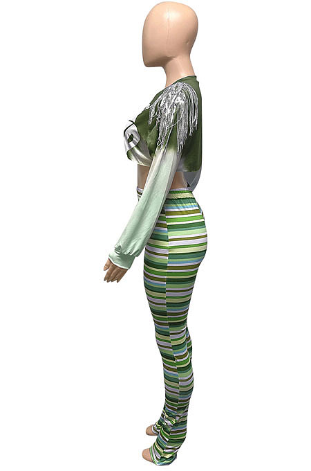 Green Autumn Tie Dye Printing Tassel Sequins Dew Waist Top Bodycon Pants Sets Q986-2