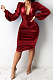 Red Euramerican V Collar Glitter Club Bodycon Hip Sexy Midi Dress Q991-2