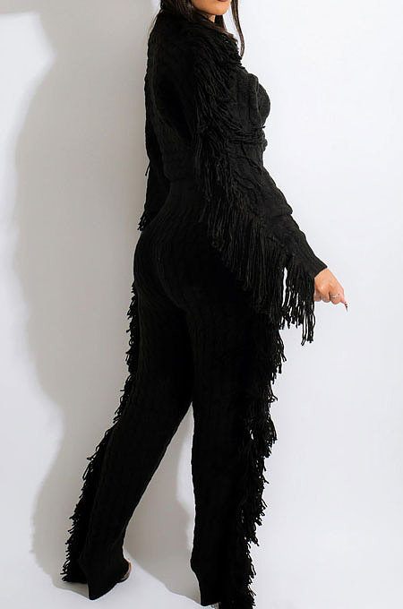 Black Fashion Kintting Long Sleeve Round Neck Crop Tops Trousers Cute Tassel Suit TRS1186-1