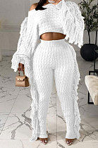White Fashion Kintting Long Sleeve Round Neck Crop Tops Trousers Cute Tassel Suit TRS1186-2