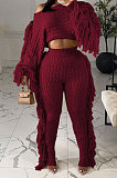 Black Fashion Kintting Long Sleeve Round Neck Crop Tops Trousers Cute Tassel Suit TRS1186-1