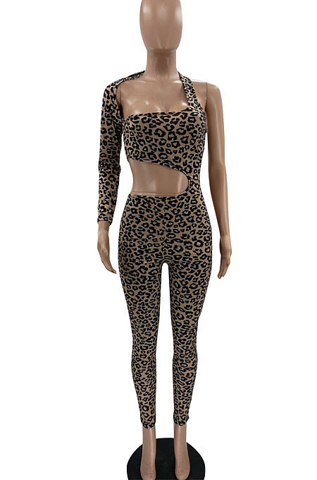 Leopard Women's Sexy Hollow Out Single Sleeve Bodycon Jumpsuits MF6657-1