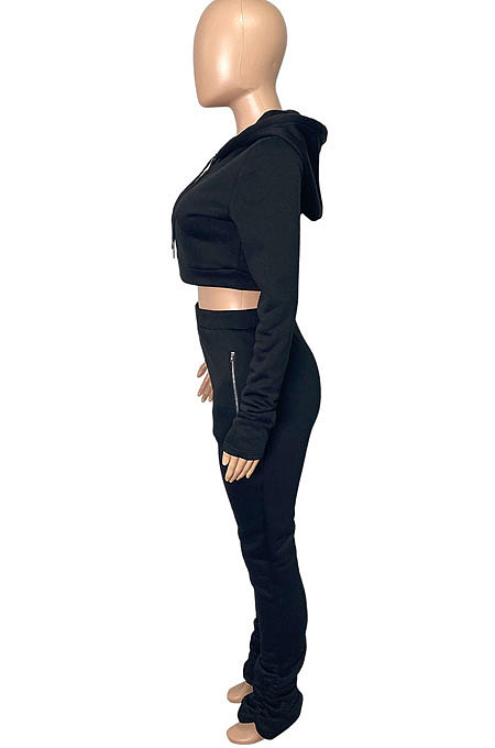 Pink Euramerican Velvet Hoodie Long Sleeve Zipper Pure Color Ruffle Pants Sets Q992-1