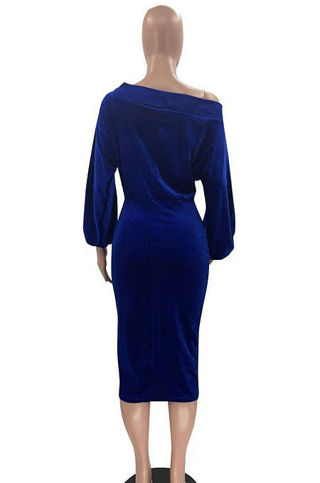 Peacock Blue Women's Velvet A Word Shoulder Solid Color Bodycon Midi Dress MF6660-7