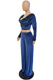 Blue Sexy Velvet Ruffle V Neck Back Bandange Tops Wide Leg Pants Plain Suit LWW9328-2