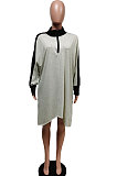 Grey Preppy Matching Color Batwing Sleeve Loose Dress F88399-1