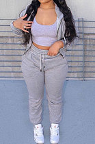 Grey Preppy New Long Sleeve Zipper Velvet Hoodie Jogger Pants Sports Suit SM9217-3