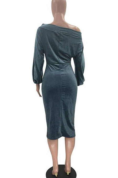Peacock Blue Women's Velvet A Word Shoulder Solid Color Bodycon Midi Dress MF6660-7