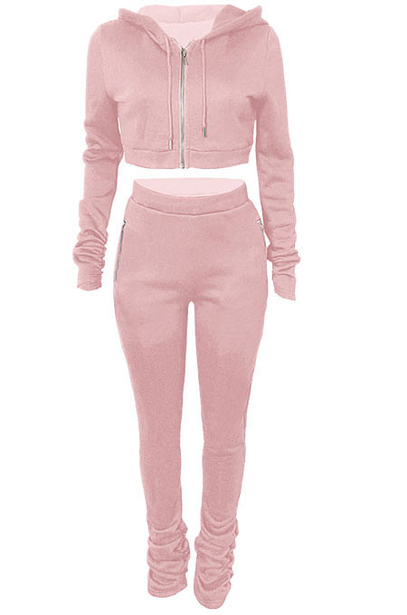 Red Euramerican Velvet Hoodie Long Sleeve Zipper Pure Color Ruffle Pants Sets Q992-3