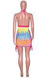 Rose Red Sexy Sequins Backless Contrast Color Condole Blet Bandage Deep V Collar Mini Dress SN390072-1