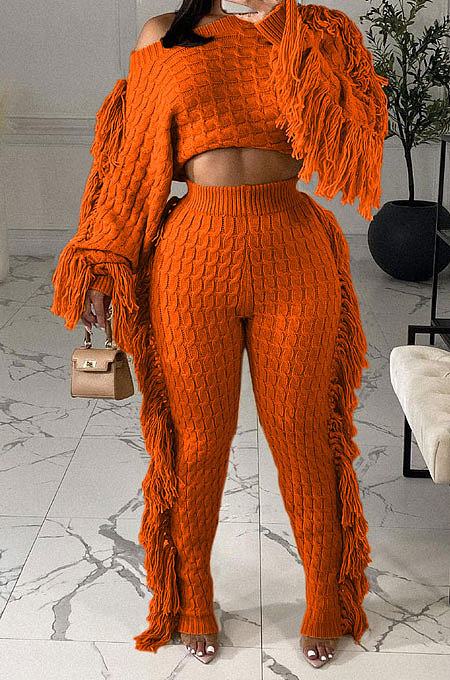 Black Fashion Kintting Long Sleeve Round Neck Crop Tops Trousers Cute Tassel Suit TRS1186-1