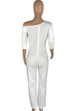 White Modest Simple Pure Color Oblique Shoulder Wide Leg Jumpsuits LWW9327-2
