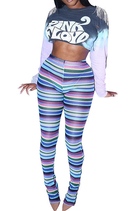 Pink Autumn Tie Dye Printing Tassel Sequins Dew Waist Top Bodycon Pants Sets Q986-1