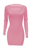 Red Women Autumn Long Sleeve Hollow Out Ribber Bodycon Mini Dress Q985-3