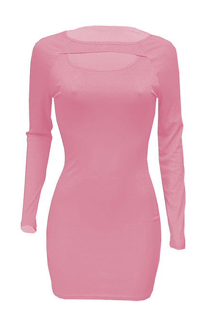 Red Women Autumn Long Sleeve Hollow Out Ribber Bodycon Mini Dress Q985-3