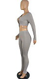 Grey Sexy Women's Long Sleeve Lace-Up Crop Tops Skinny Pants Solid Color Suit LWW9325-2
