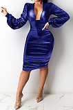 Purple Euramerican V Collar Glitter Club Bodycon Hip Sexy Midi Dress Q991-3