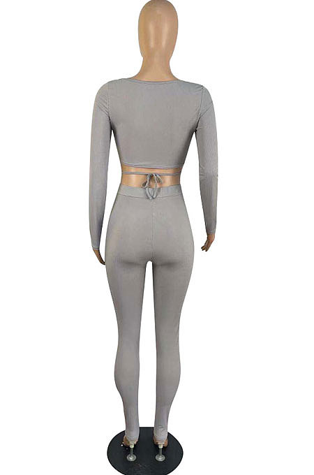 Khaki Sexy Women's Long Sleeve Lace-Up Crop Tops Skinny Pants Solid Color Suit LWW9325-1