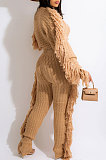 Apricot Fashion Kintting Long Sleeve Round Neck Crop Tops Trousers Cute Tassel Suit TRS1186-4