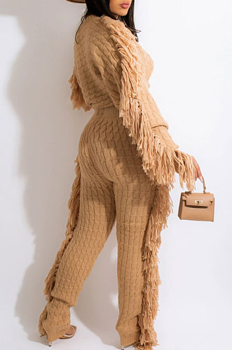 Apricot Fashion Kintting Long Sleeve Round Neck Crop Tops Trousers Cute Tassel Suit TRS1186-4