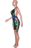 Blue Sexy Sequins Backless Contrast Color Condole Blet Bandage Deep V Collar Mini Dress SN390072-3