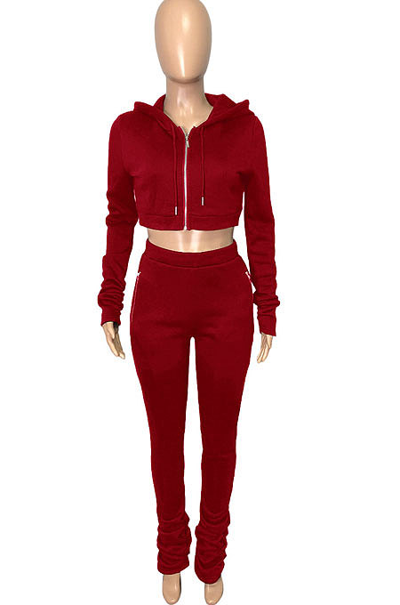 Red Euramerican Velvet Hoodie Long Sleeve Zipper Pure Color Ruffle Pants Sets Q992-3