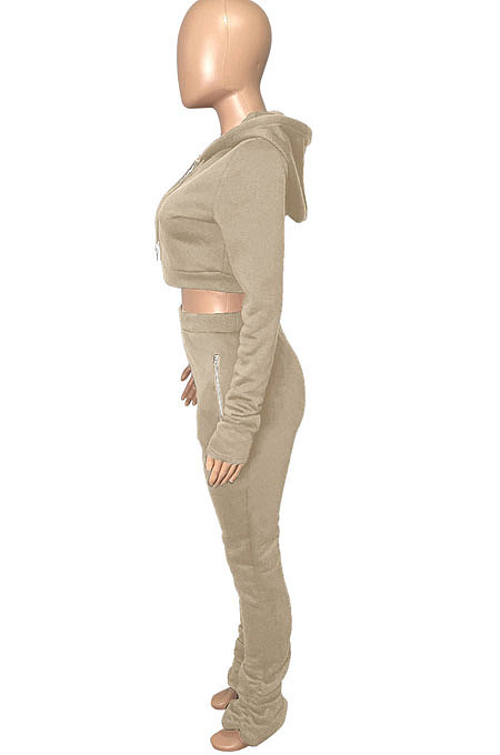 Pink Euramerican Velvet Hoodie Long Sleeve Zipper Pure Color Ruffle Pants Sets Q992-1