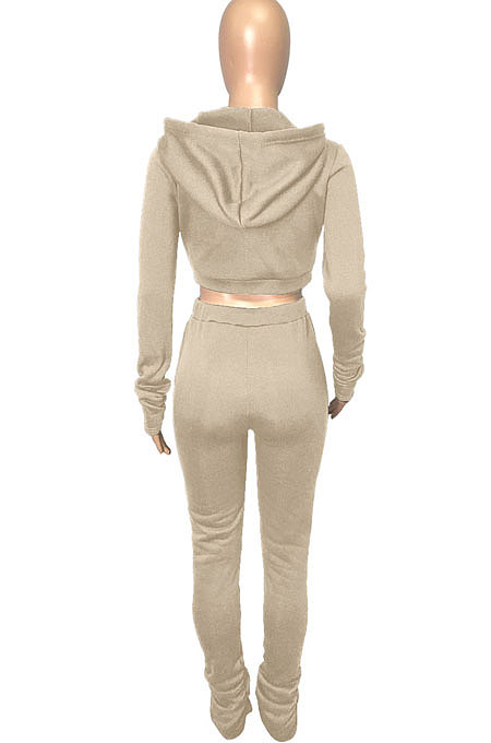 Pink Euramerican Velvet Hoodie Long Sleeve Zipper Pure Color Ruffle Pants Sets Q992-1