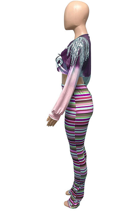 Green Autumn Tie Dye Printing Tassel Sequins Dew Waist Top Bodycon Pants Sets Q986-2