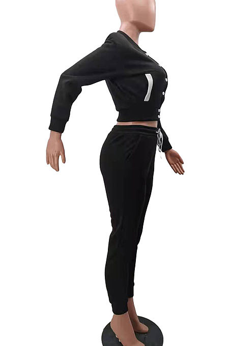 Black Casual Preppy Velvet Long Sleeve Single-Breasted Jacket Jogger Pants Baseballs Suit TK6206-2