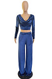 Blue Sexy Velvet Ruffle V Neck Back Bandange Tops Wide Leg Pants Plain Suit LWW9328-2