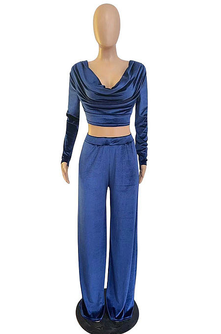Green Sexy Velvet Ruffle V Neck Back Bandange Tops Wide Leg Pants Plain Suit LWW9328-1