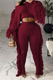 Wine Red Fashion Kintting Long Sleeve Round Neck Crop Tops Trousers Cute Tassel Suit TRS1186-3