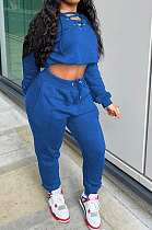 Blue Casual Preppy Long Sleeve V Neck Bandage Tops Jogger Pants Solid Color Suit SYY8072-3