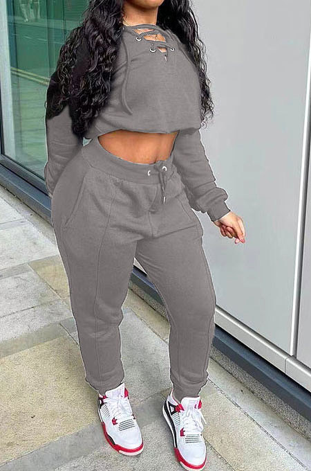 Grey Casual Preppy Long Sleeve V Neck Bandage Tops Jogger Pants Solid Color Suit SYY8072-1