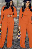 Pink Cotton Blend Women's Long Sleeve Round Neck Plain Wide Leg Jumpsuits MMS5059-5