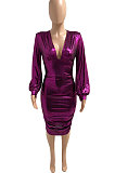 Purple Euramerican V Collar Glitter Club Bodycon Hip Sexy Midi Dress Q991-3