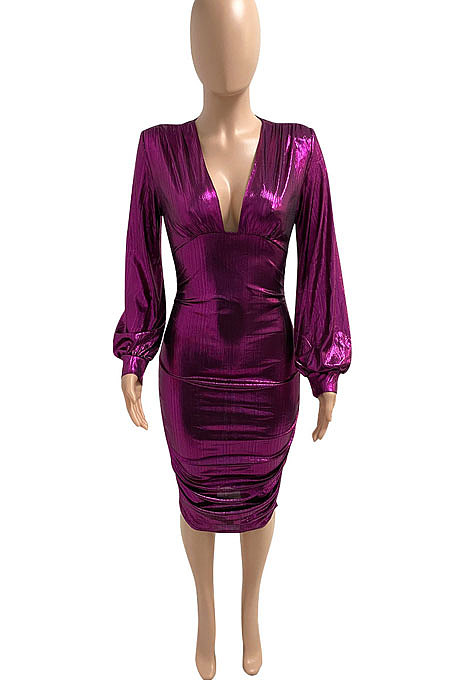 Red Euramerican V Collar Glitter Club Bodycon Hip Sexy Midi Dress Q991-2