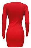 Red Women Autumn Long Sleeve Hollow Out Ribber Bodycon Mini Dress Q985-3