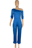 White Modest Simple Pure Color Oblique Shoulder Wide Leg Jumpsuits LWW9327-2
