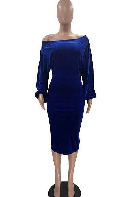 Pink Women's Velvet A Word Shoulder Solid Color Bodycon Midi Dress MF6660-2
