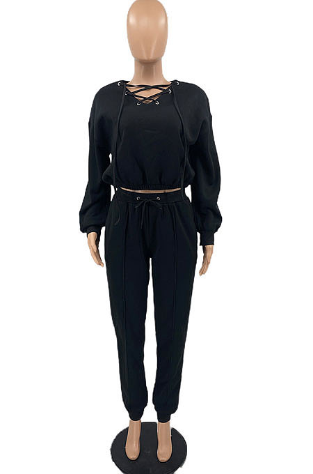 Grey Casual Preppy Long Sleeve V Neck Bandage Tops Jogger Pants Solid Color Suit SYY8072-1