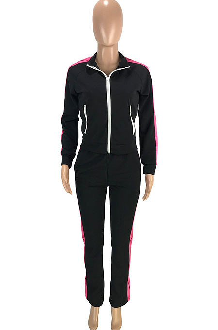 Wine Red Wholesale New Spliced Zipper Long Sleeve Coat Trousers Sport Sets SM9219-2